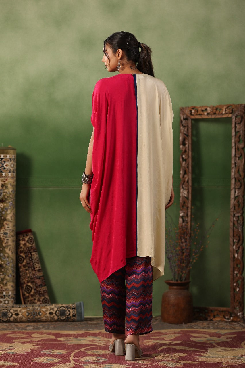 Red & Off White SIlk Kaftan Set