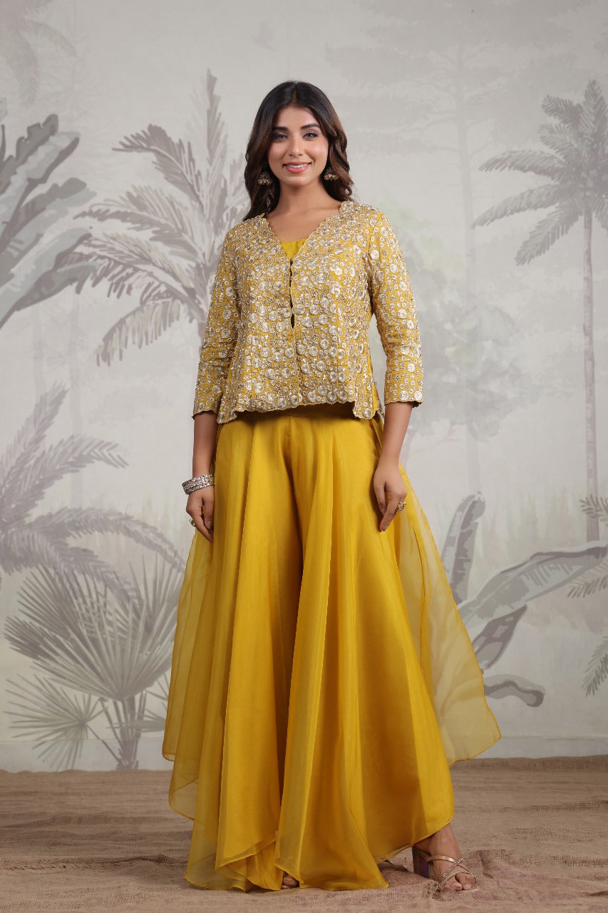 Yellow Sharara Set With Jacket