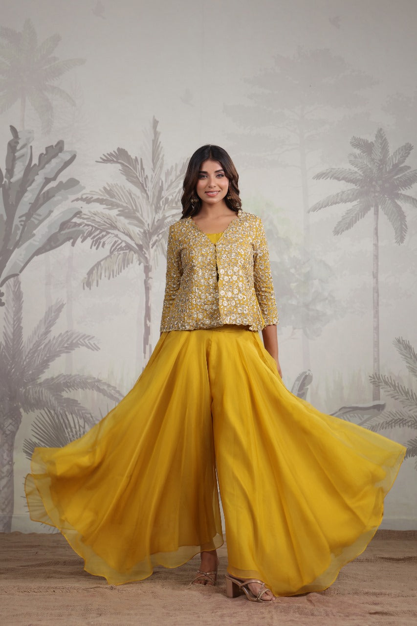 Yellow Sharara Set With Jacket