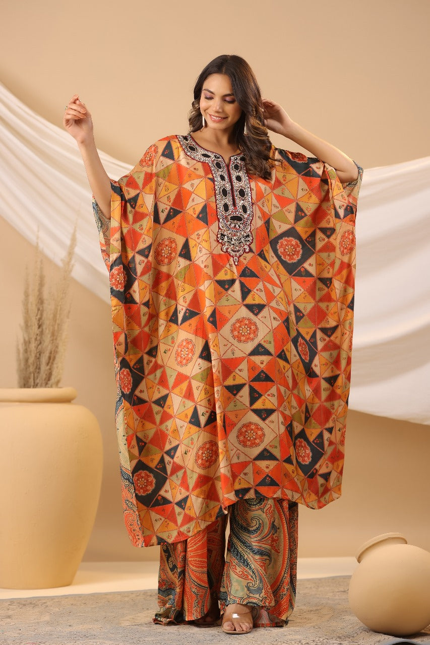 Orange Animal Print Kaftan Set