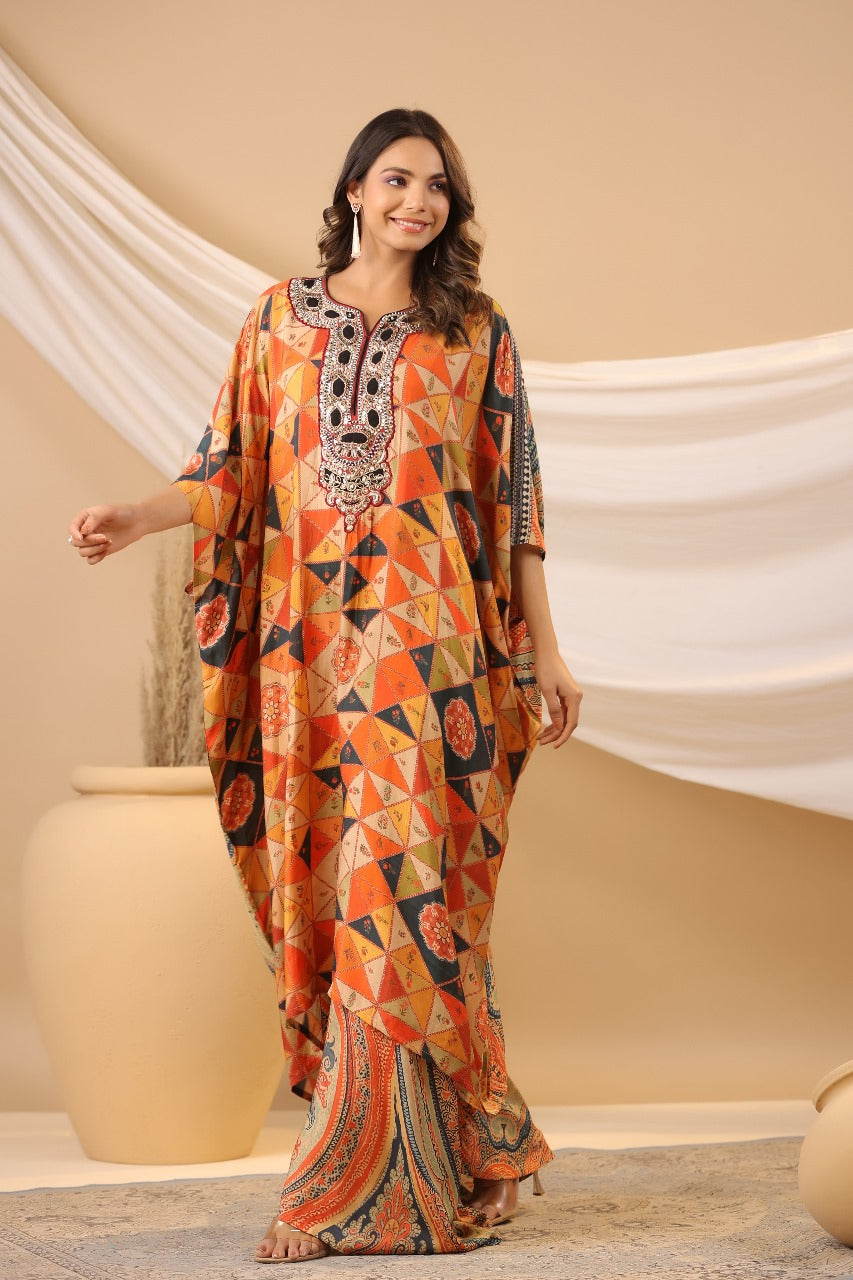 Orange Animal Print Kaftan Set