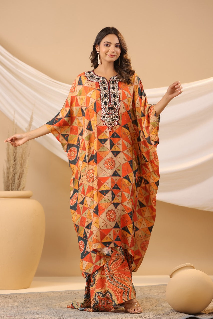 Orange Animal Print Kaftan Set