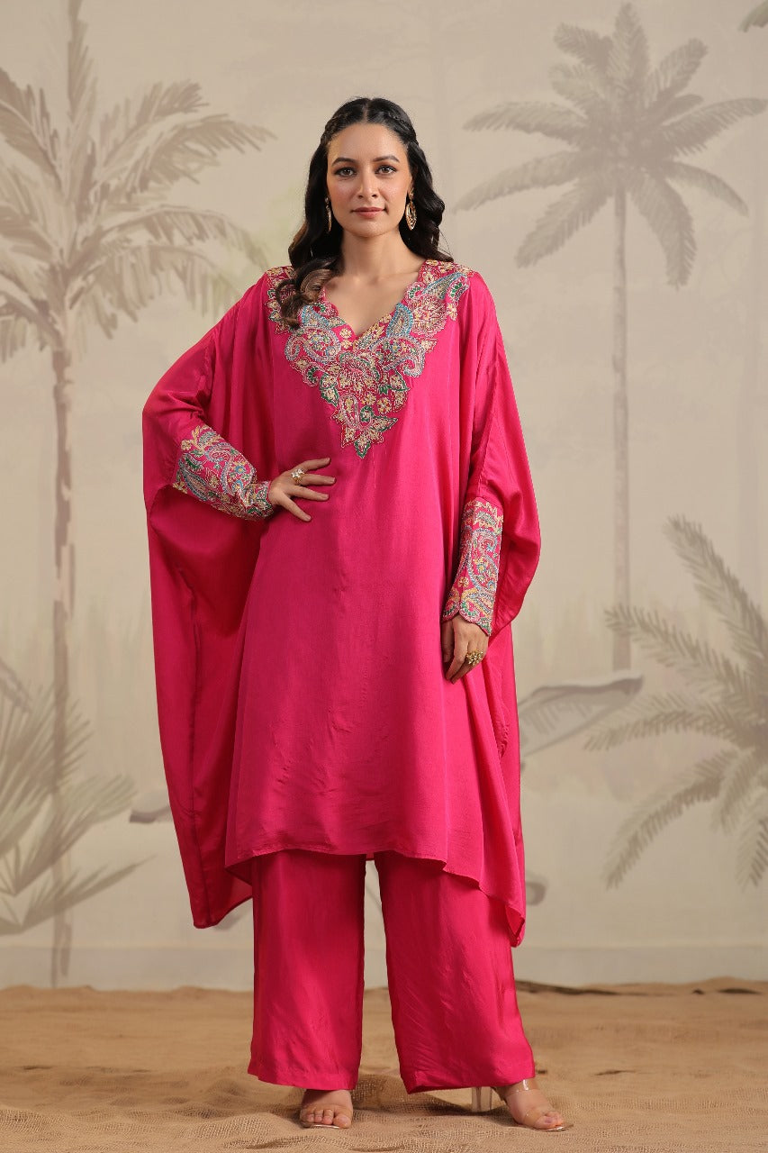 Magenta Pure Silk Cuff Kaftan Set