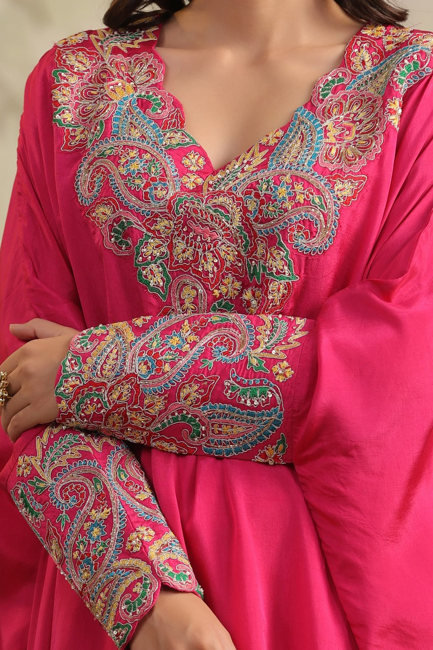 Magenta Pure Silk Cuff Kaftan Set