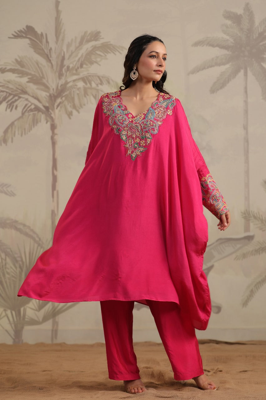 Magenta Pure Silk Cuff Kaftan Set