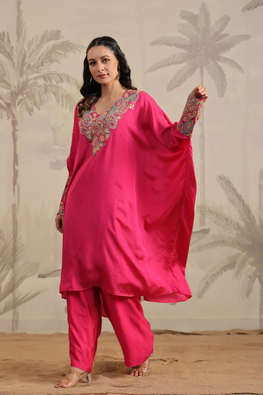 Magenta Pure Silk Cuff Kaftan Set