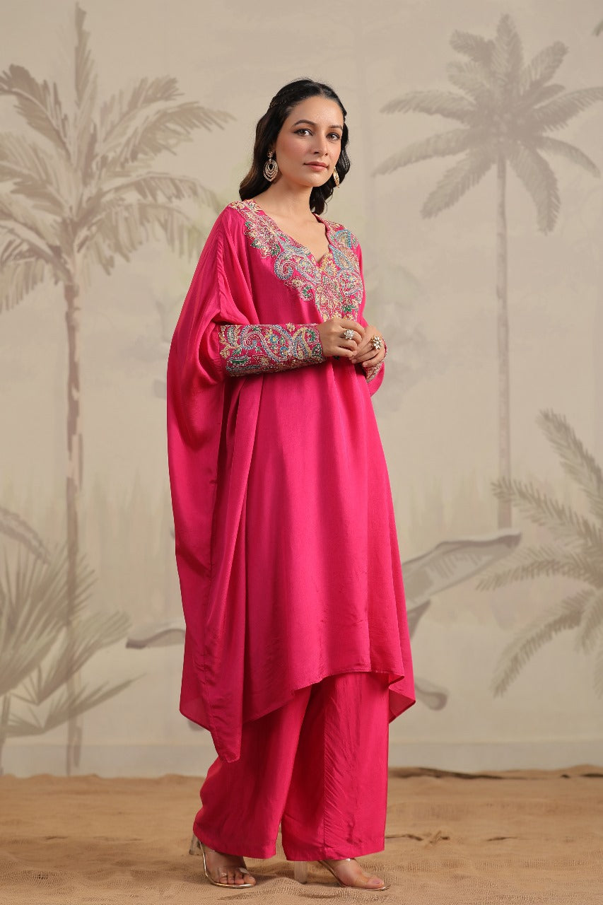 Magenta Pure Silk Cuff Kaftan Set