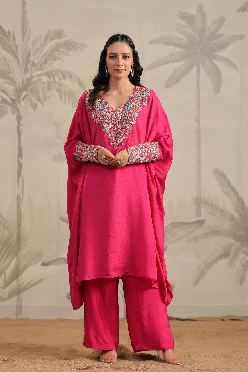 Magenta Pure Silk Cuff Kaftan Set