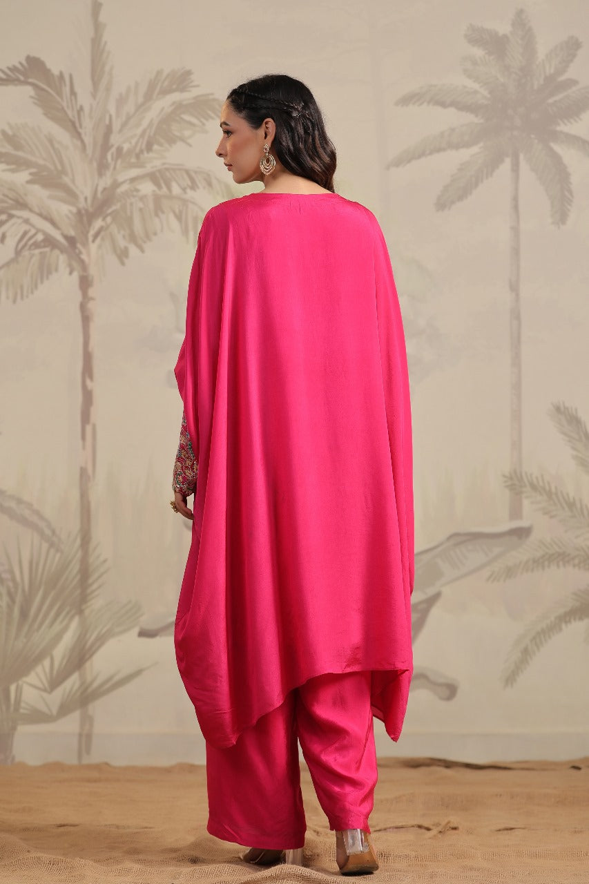 Magenta Pure Silk Cuff Kaftan Set