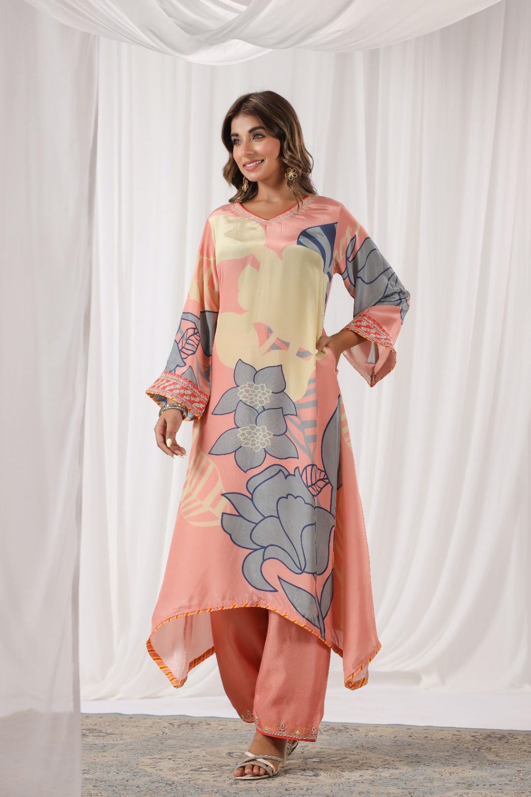 Peach Floral Print Russian Silk Suit Set