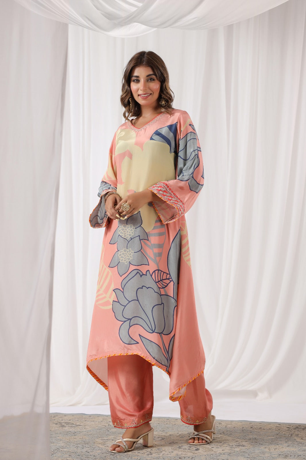 Peach Floral Print Russian Silk Suit Set