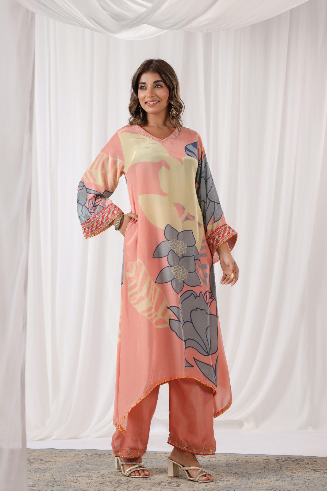 Peach Floral Print Russian Silk Suit Set