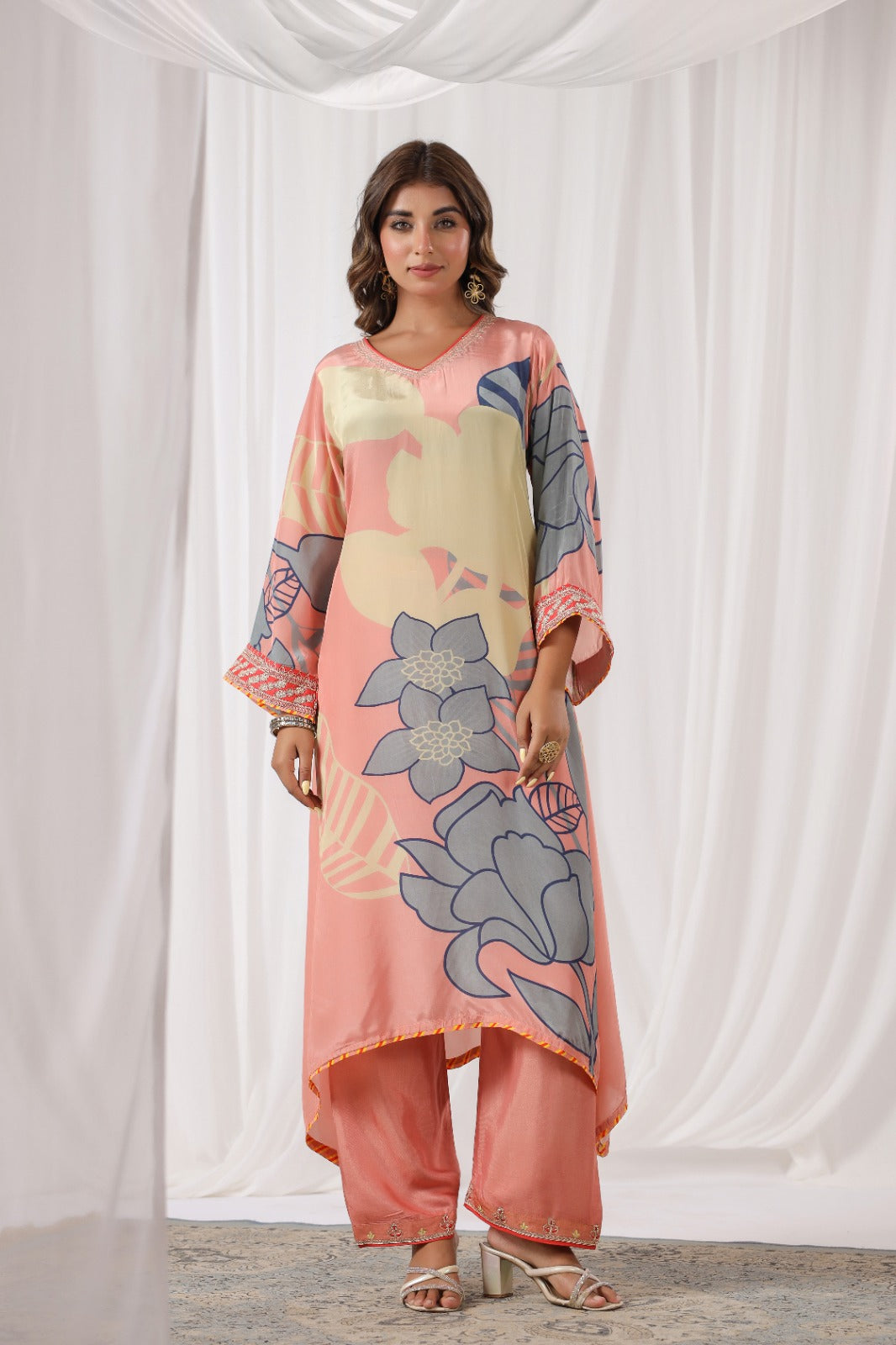 Peach Floral Print Russian Silk Suit Set