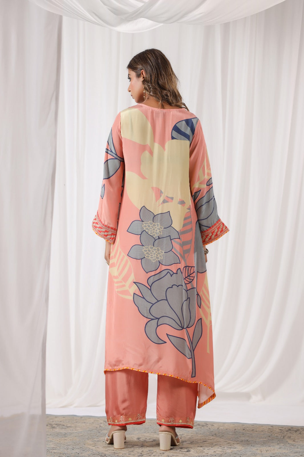 Peach Floral Print Russian Silk Suit Set