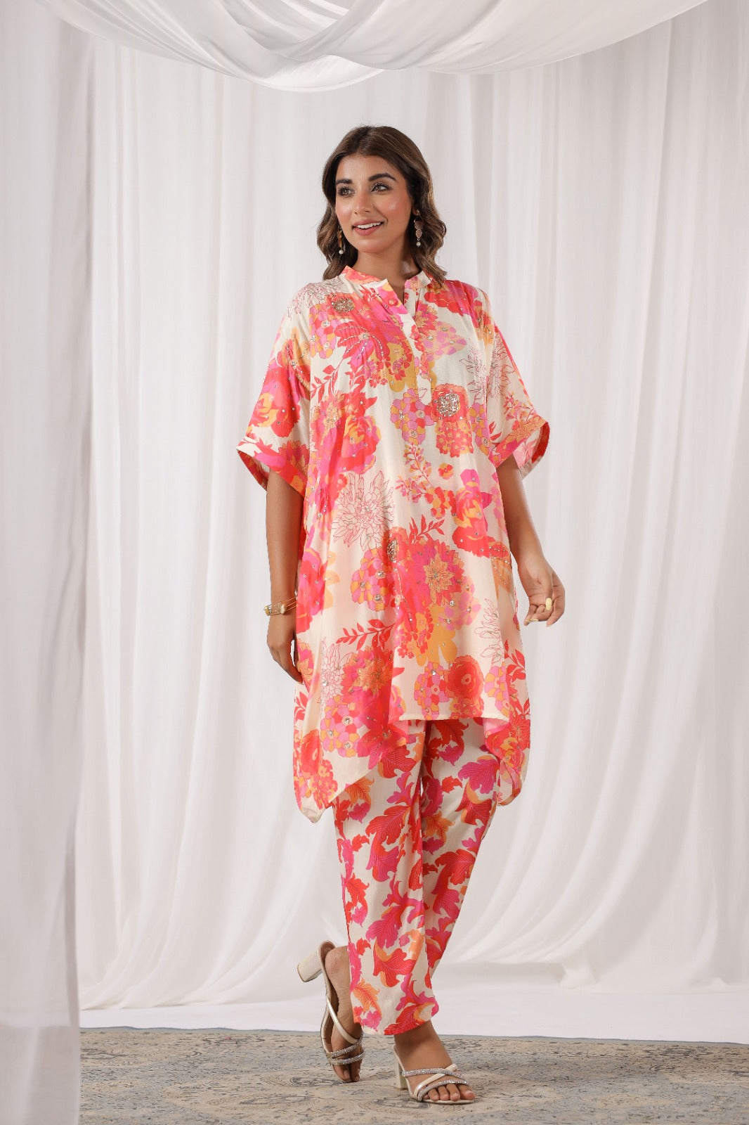 Peach Floral Print Russian Silk Pant Set