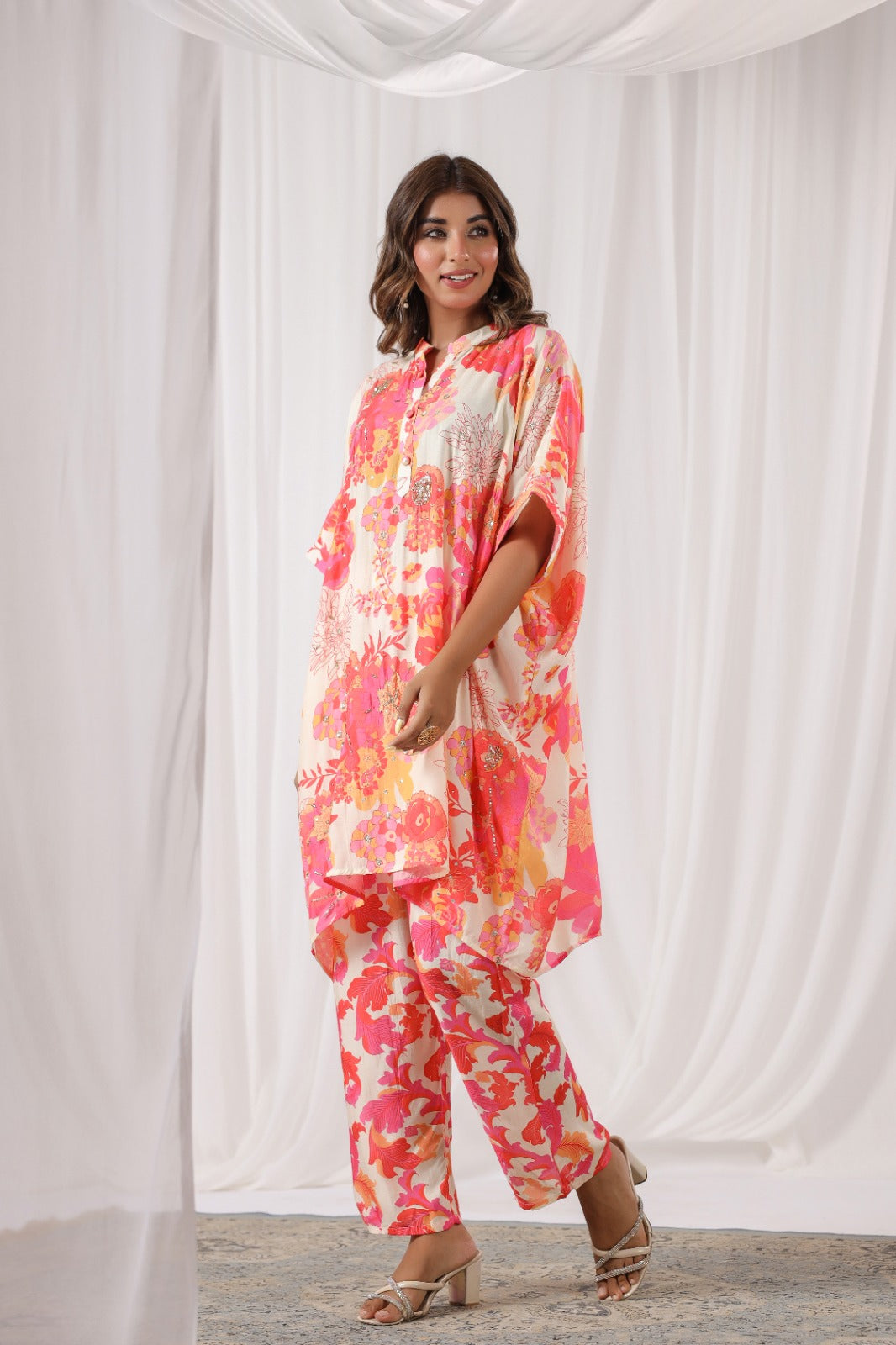 Peach Floral Print Russian Silk Pant Set