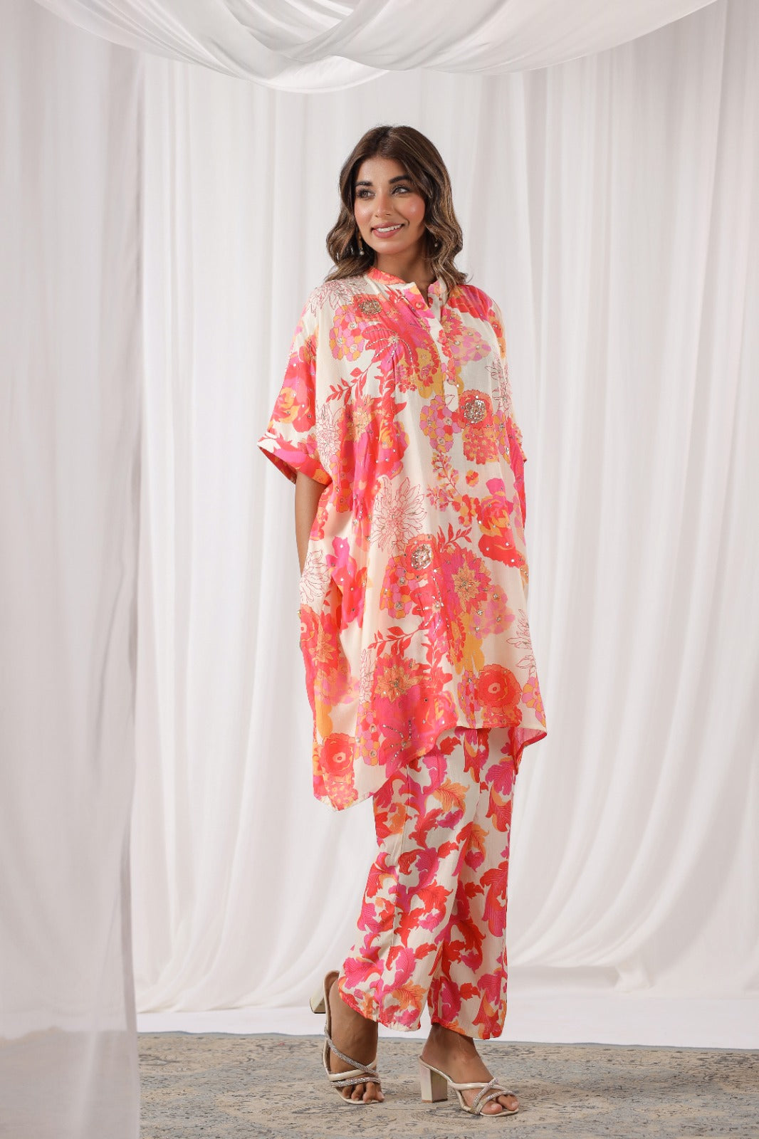 Peach Floral Print Russian Silk Pant Set