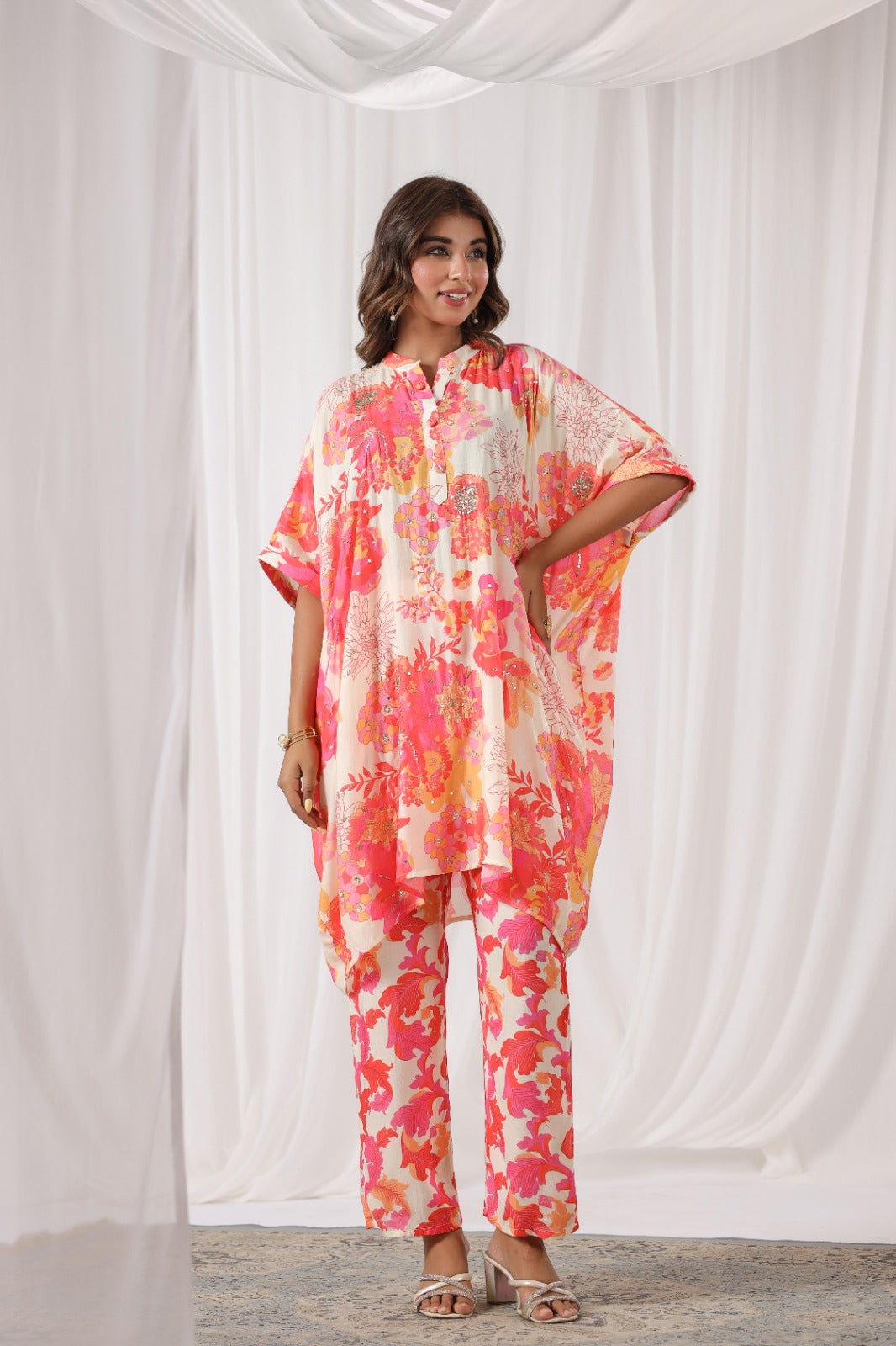 Peach Floral Print Russian Silk Pant Set