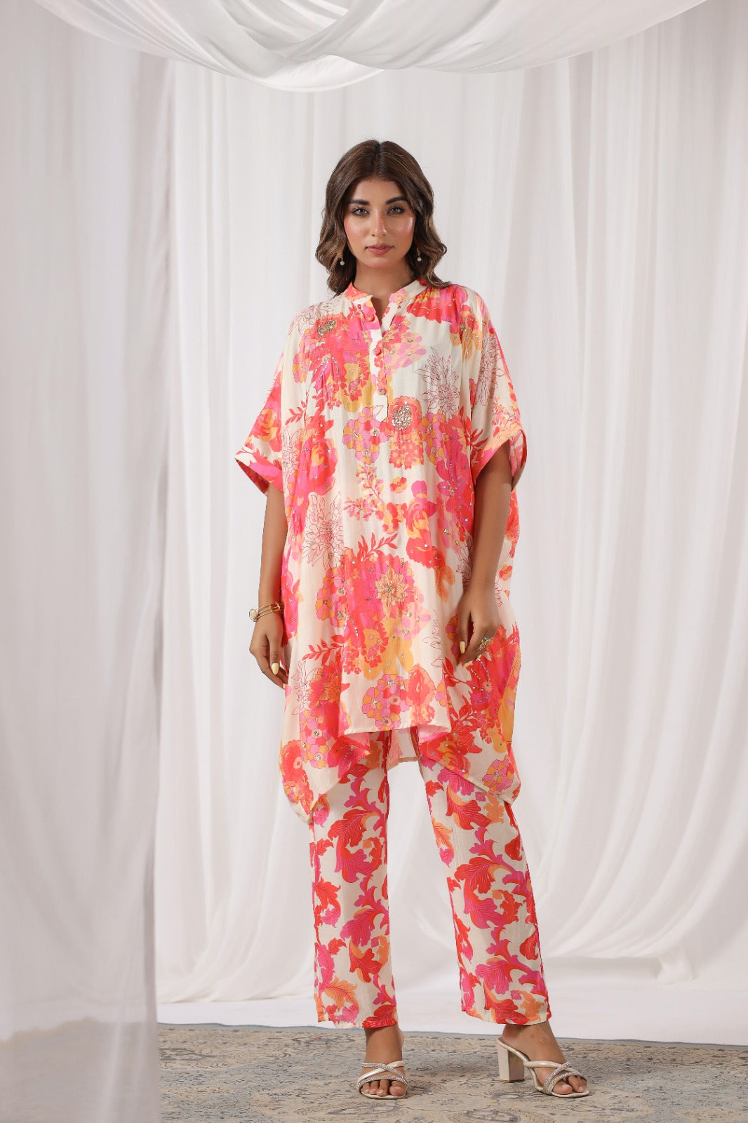 Peach Floral Print Russian Silk Pant Set