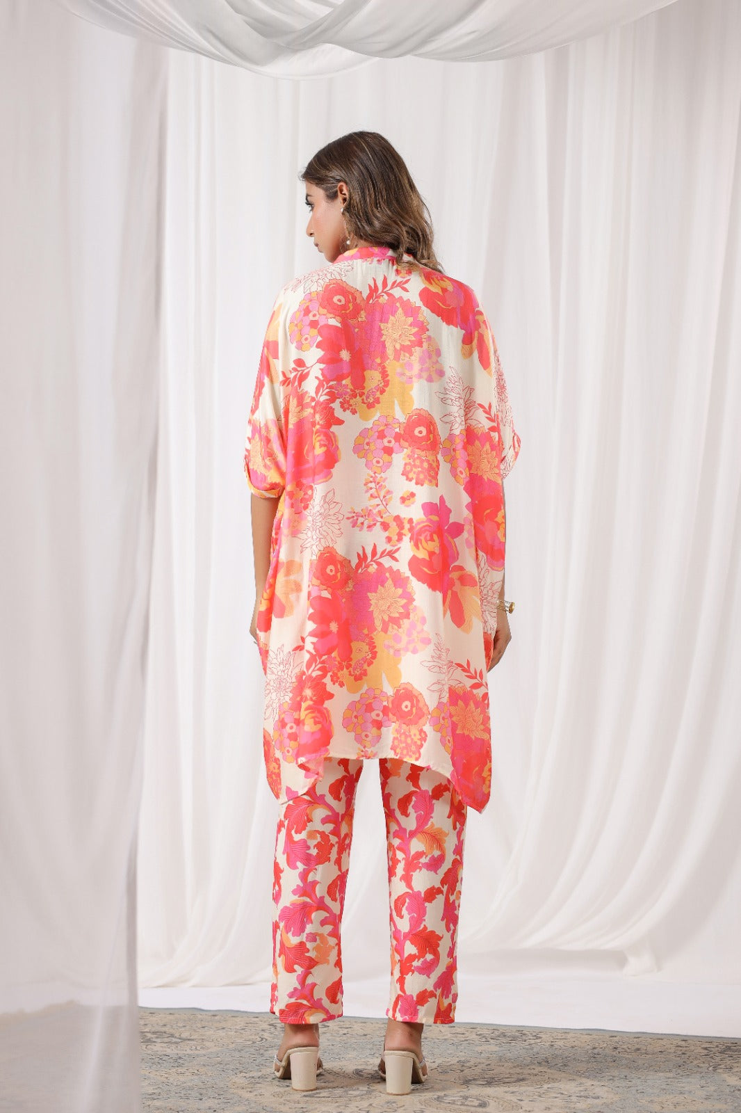 Peach Floral Print Russian Silk Pant Set