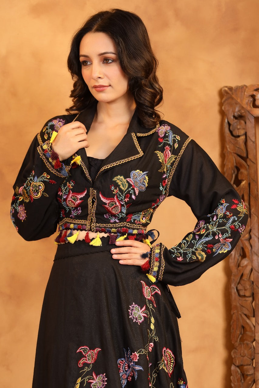 Black Silk Indowestern Crop Top With Jacket