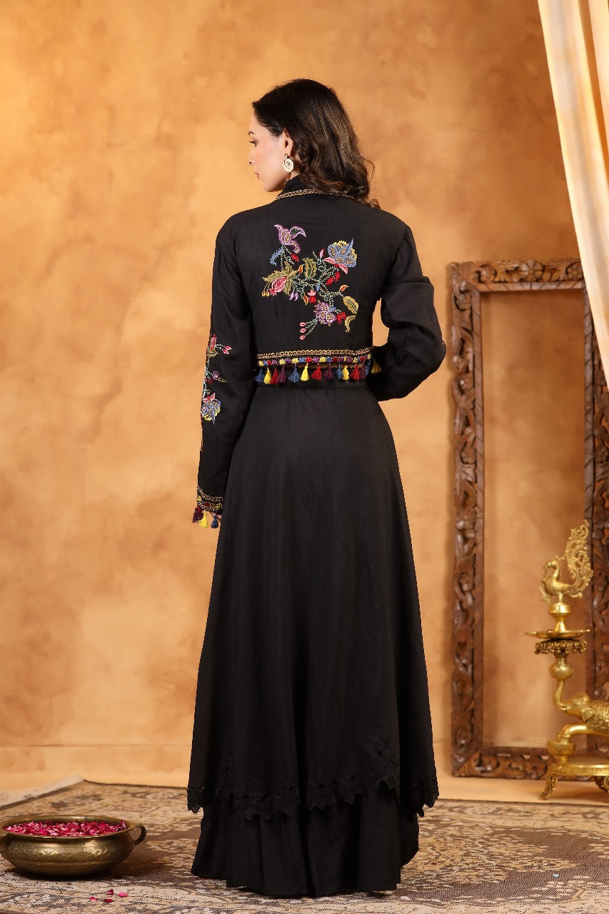 Black Silk Indowestern Crop Top With Jacket