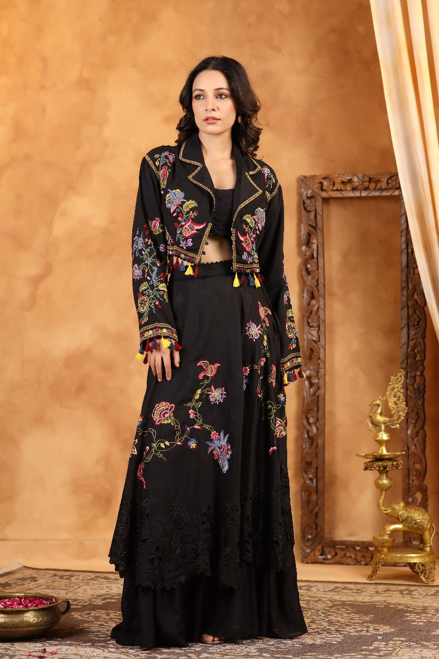 Black Silk Indowestern Crop Top With Jacket