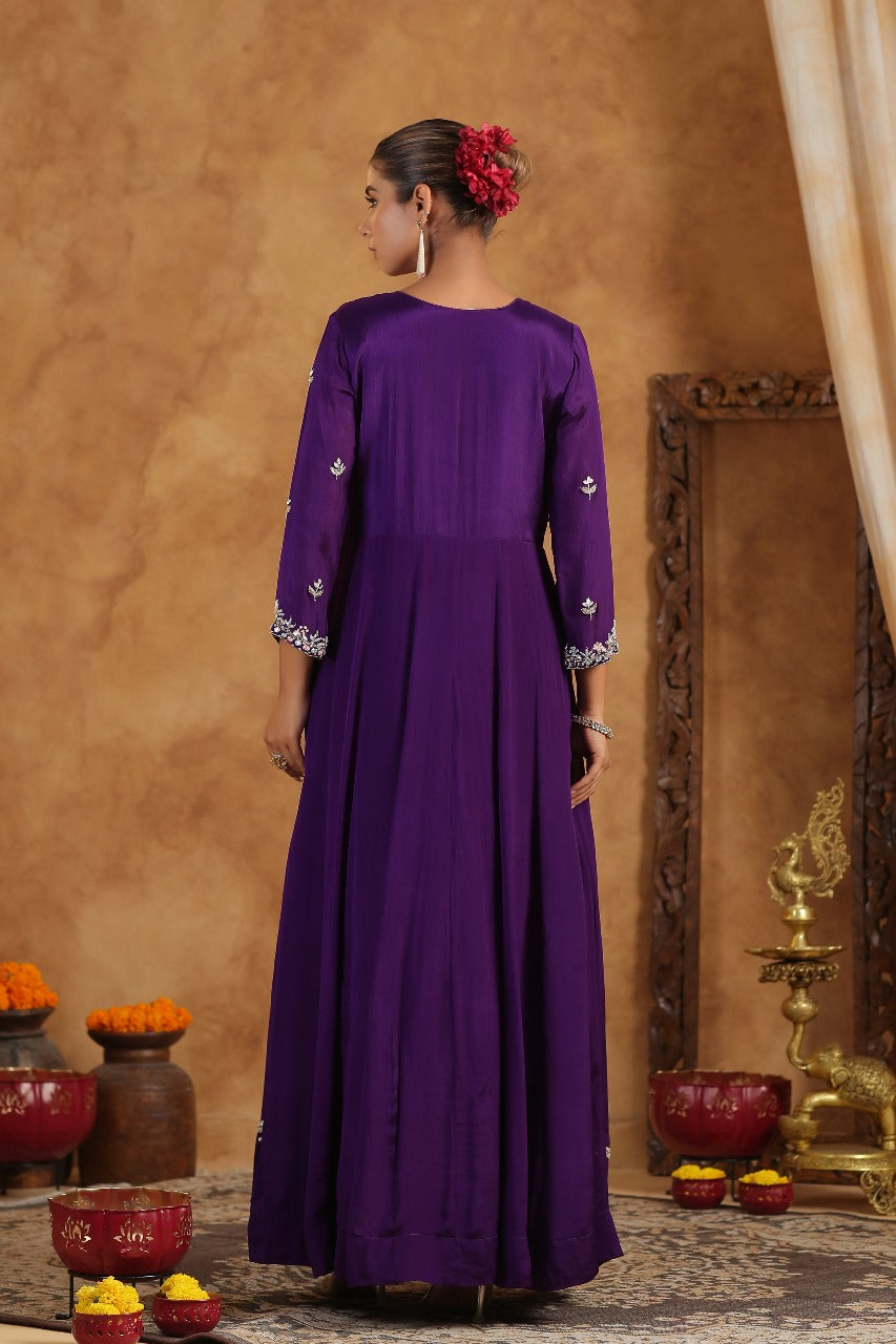 Purple Chinnon Georgette Hand Work Gown