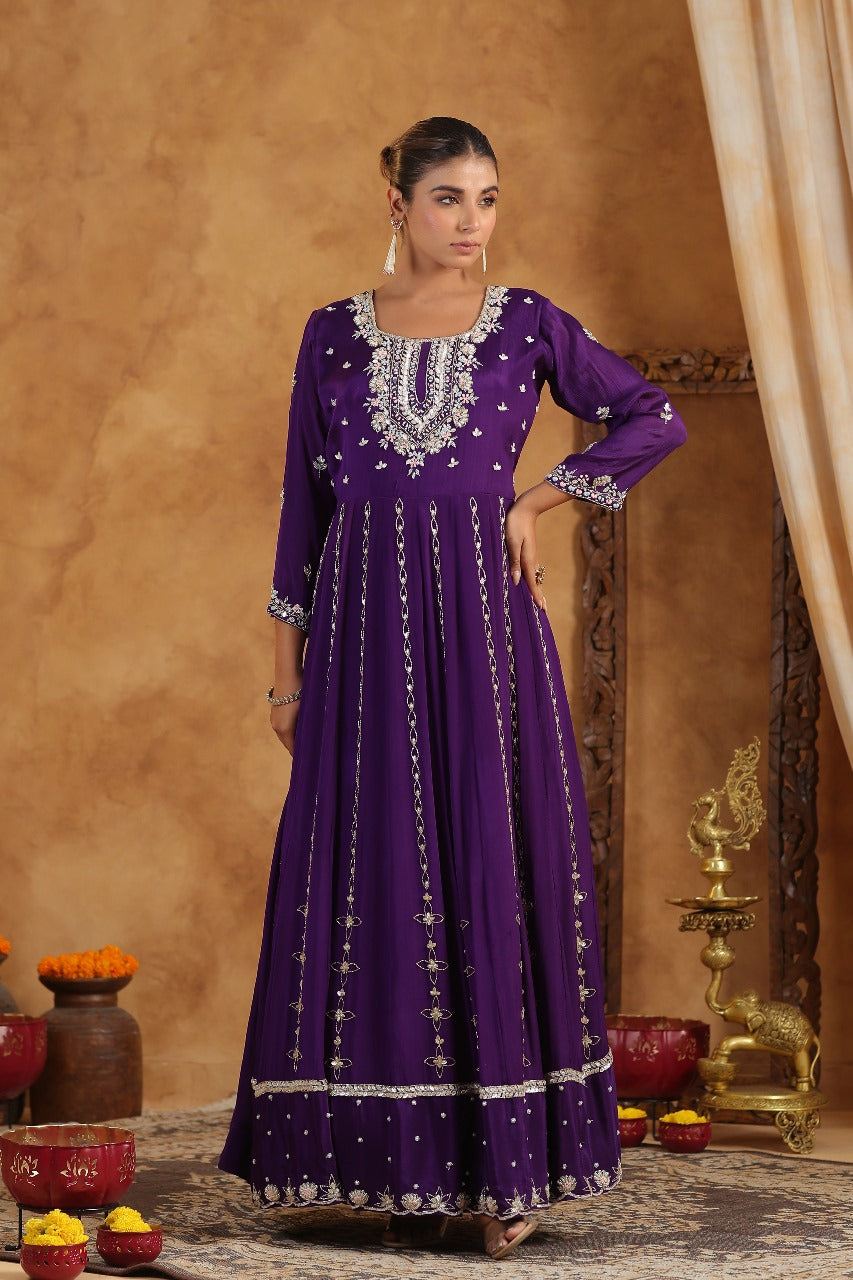 Purple Chinnon Georgette Hand Work Gown