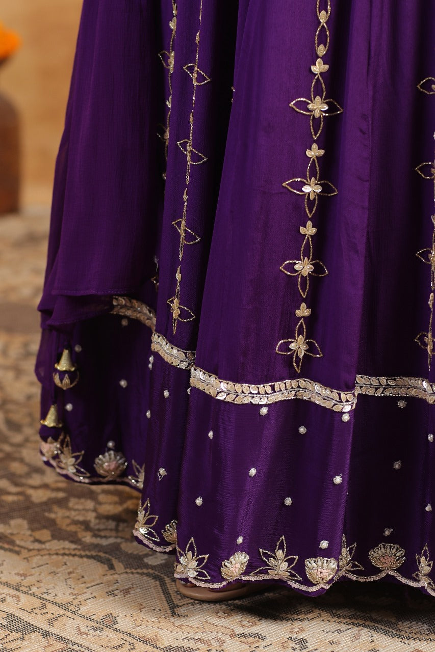 Purple Chinnon Georgette Hand Work Gown