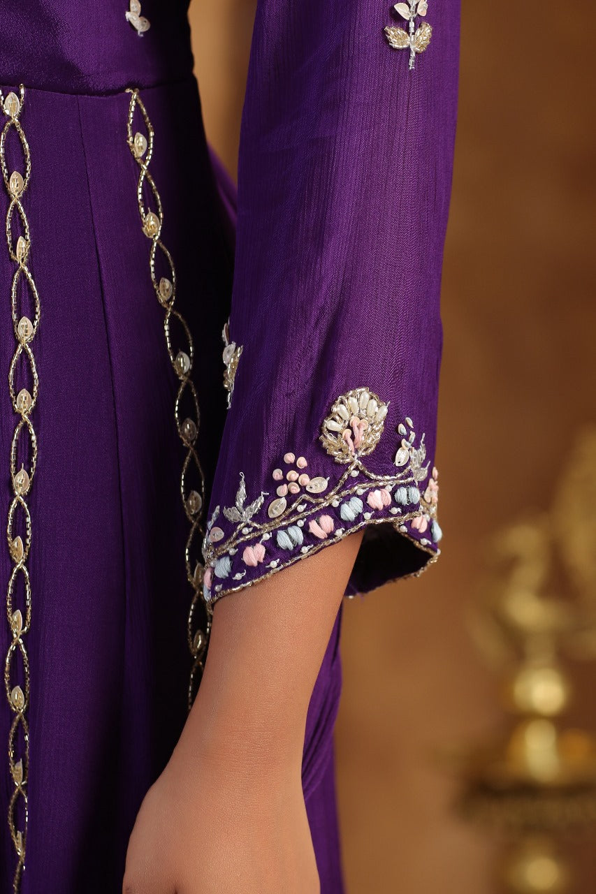 Purple Chinnon Georgette Hand Work Gown