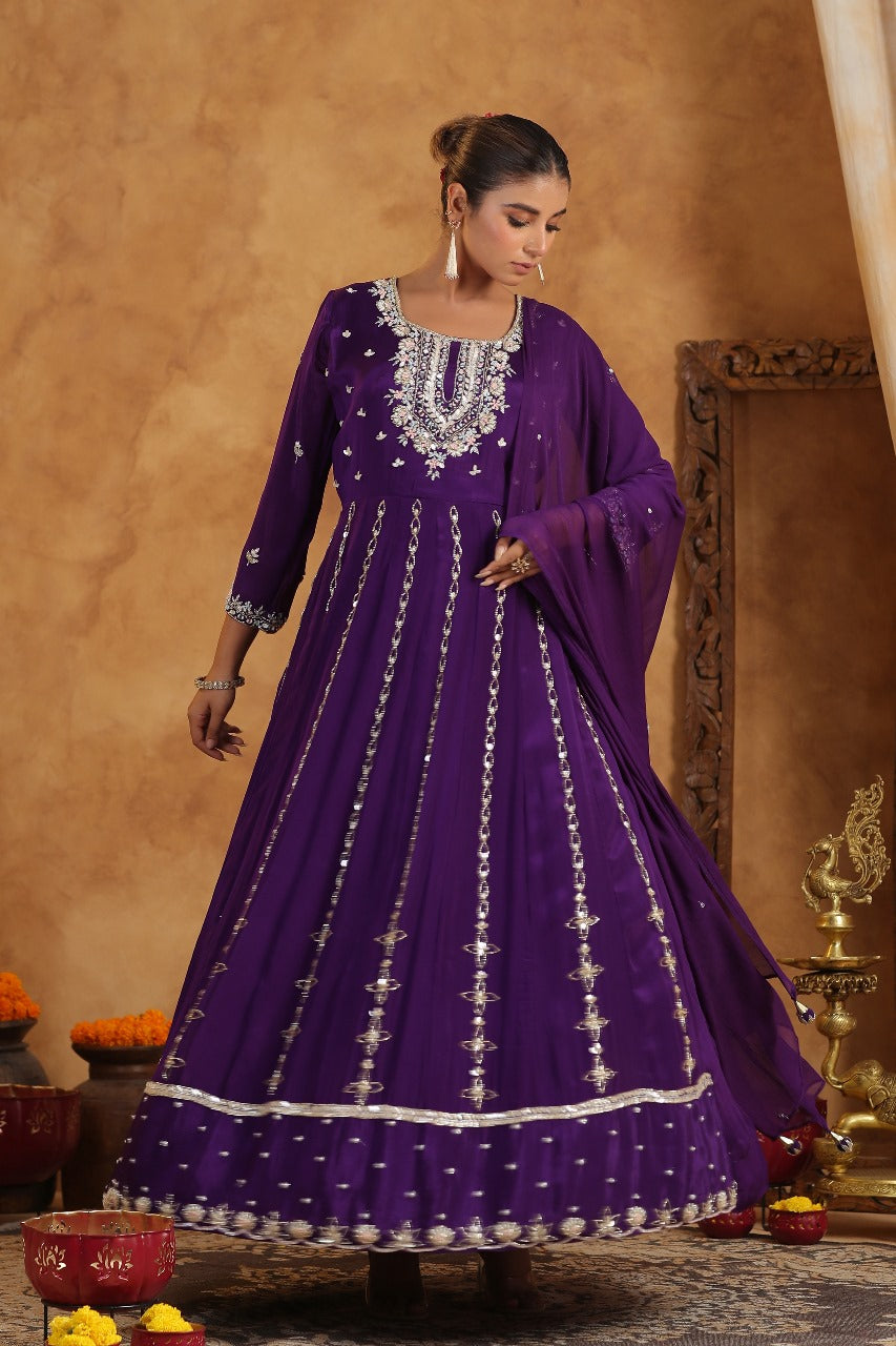 Purple Chinnon Georgette Hand Work Gown