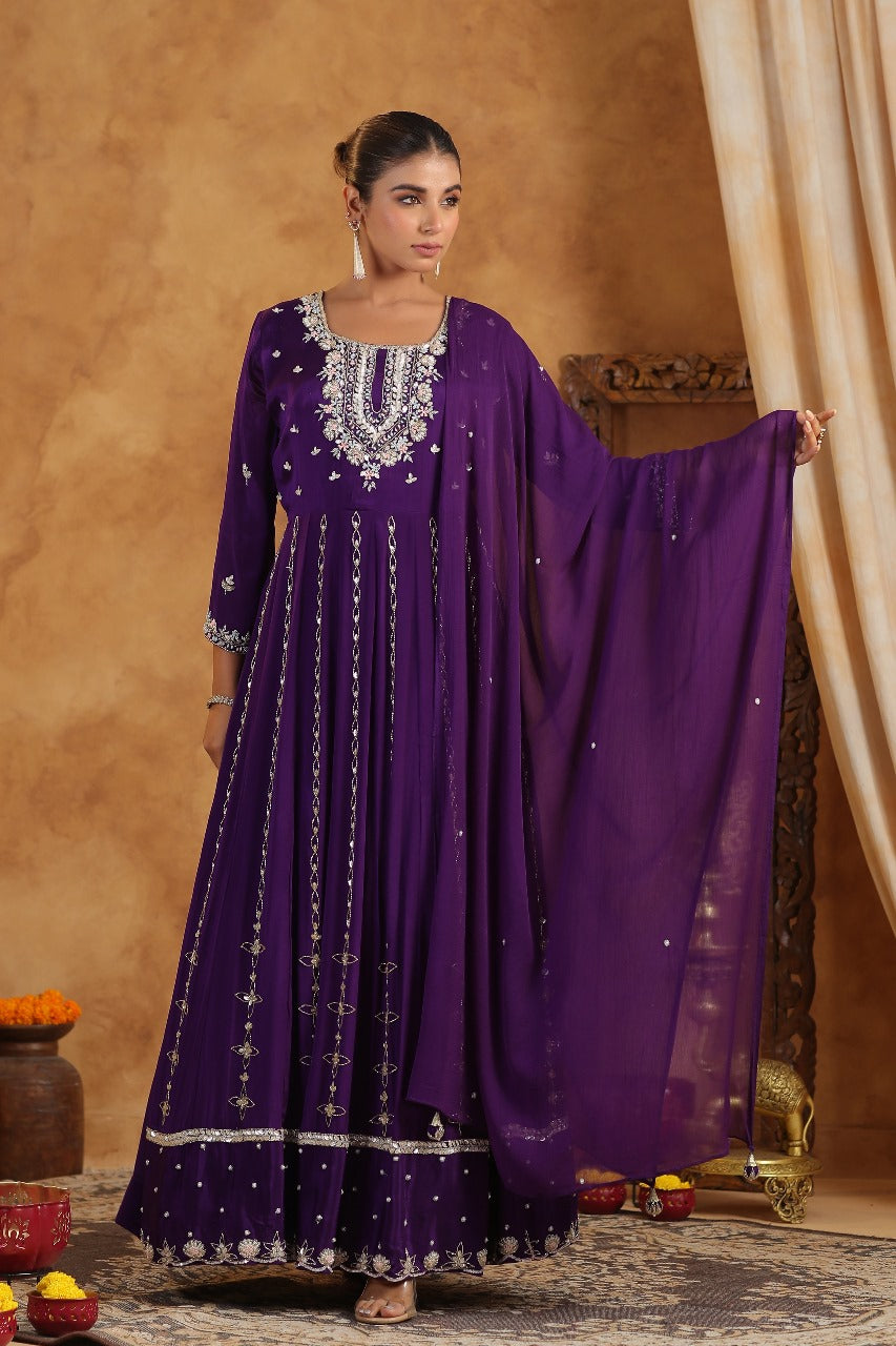 Purple Chinnon Georgette Hand Work Gown