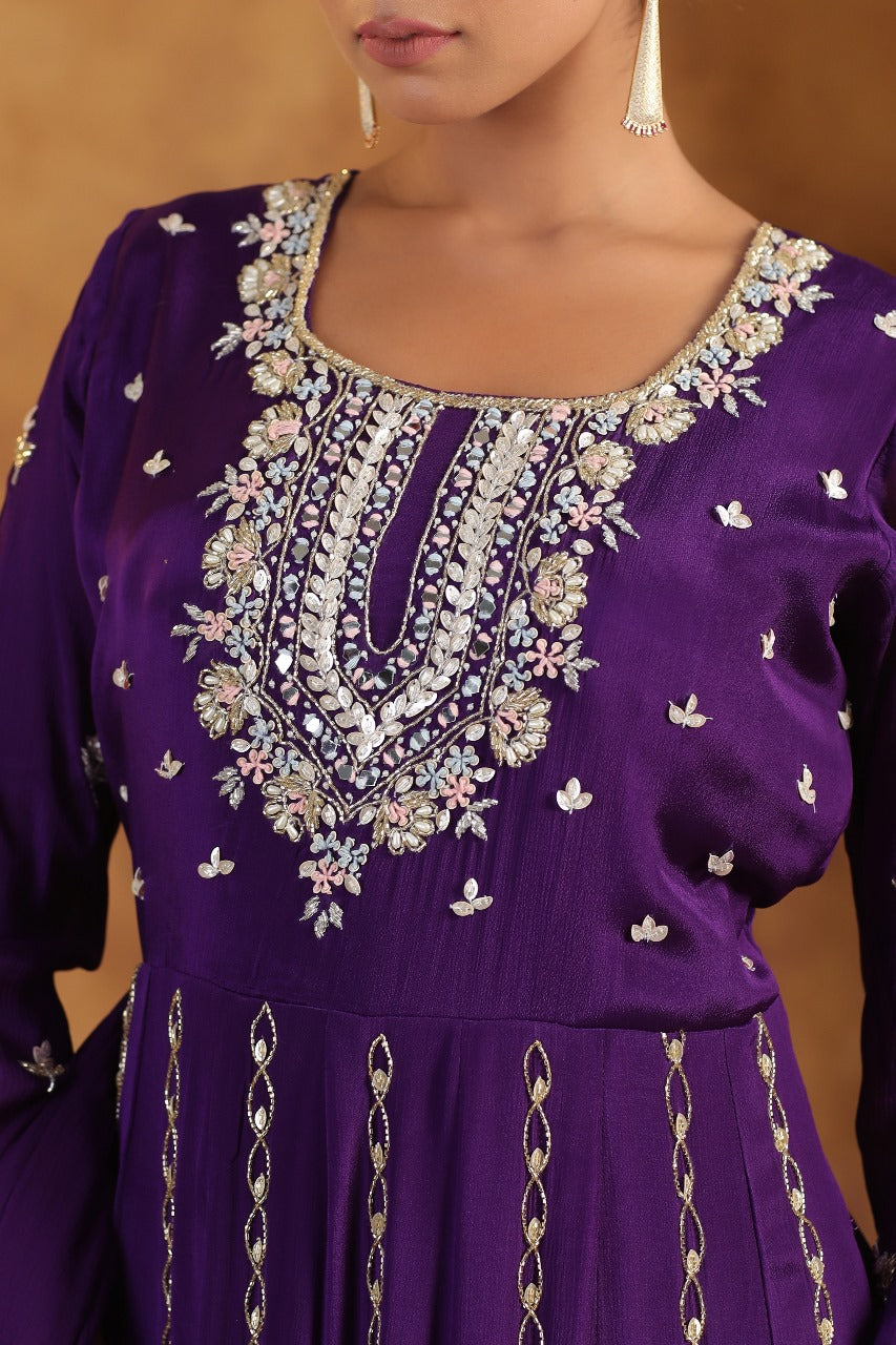 Purple Chinnon Georgette Hand Work Gown