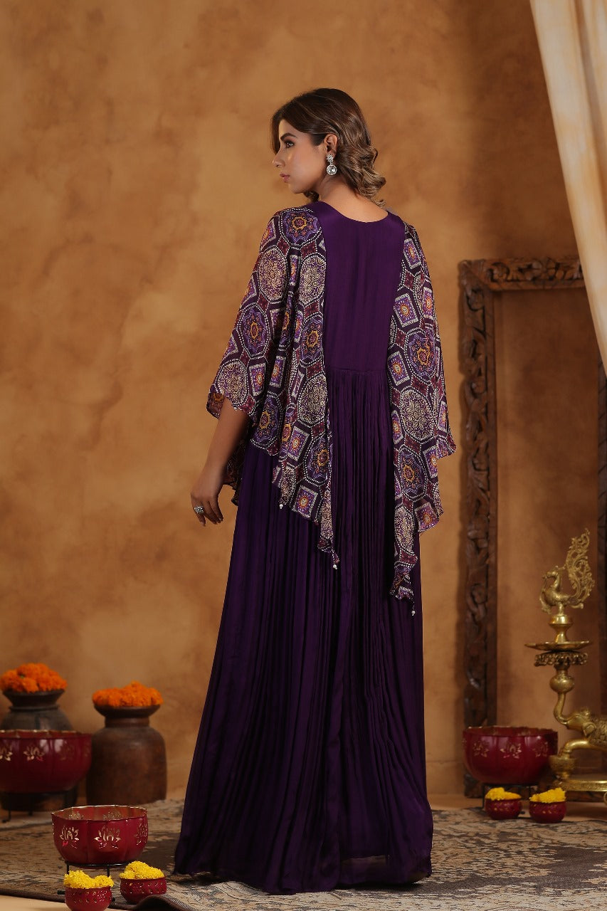 Purple Silk Designer Bandhej Kaftan Style Gown