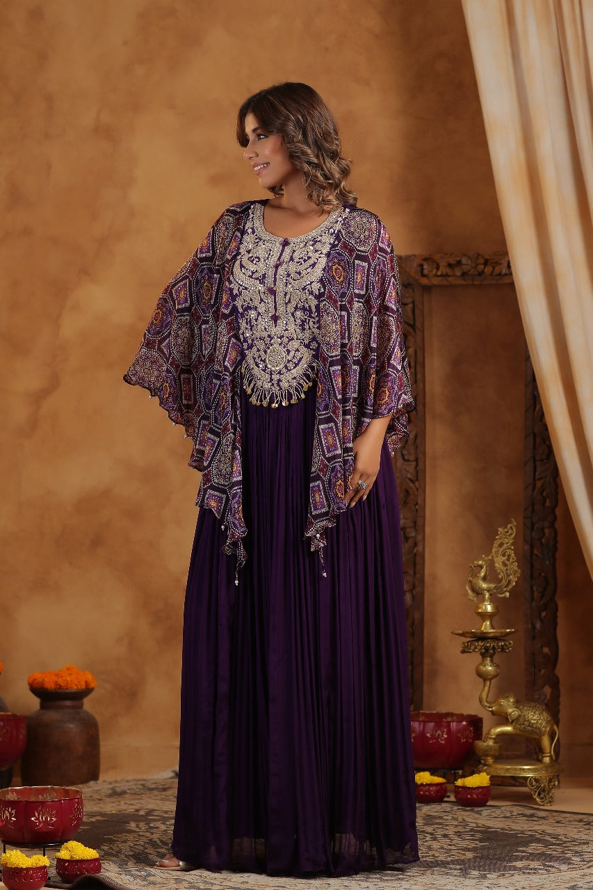 Purple Silk Designer Bandhej Kaftan Style Gown