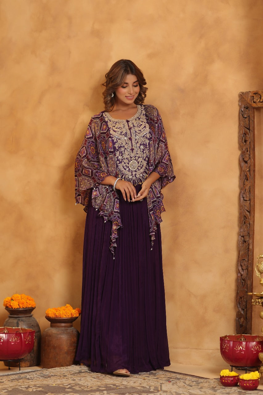 Purple Silk Designer Bandhej Kaftan Style Gown