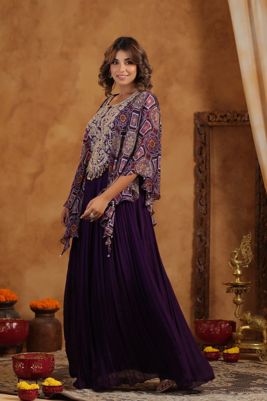 Purple Silk Designer Bandhej Kaftan Style Gown