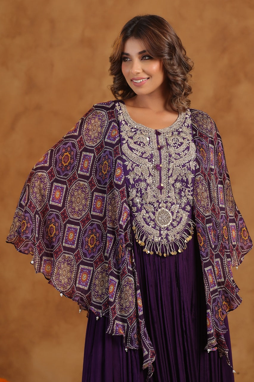 Purple Silk Designer Bandhej Kaftan Style Gown