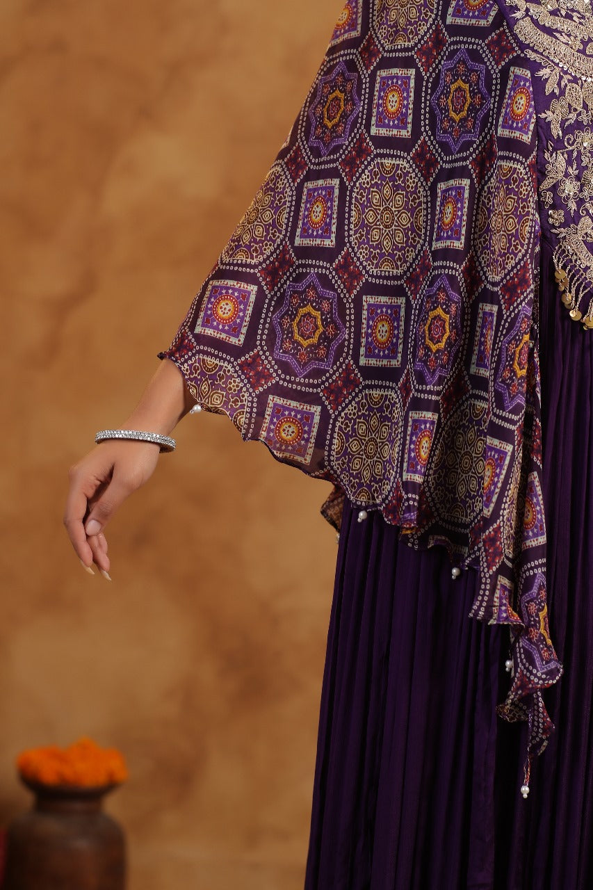 Purple Silk Designer Bandhej Kaftan Style Gown