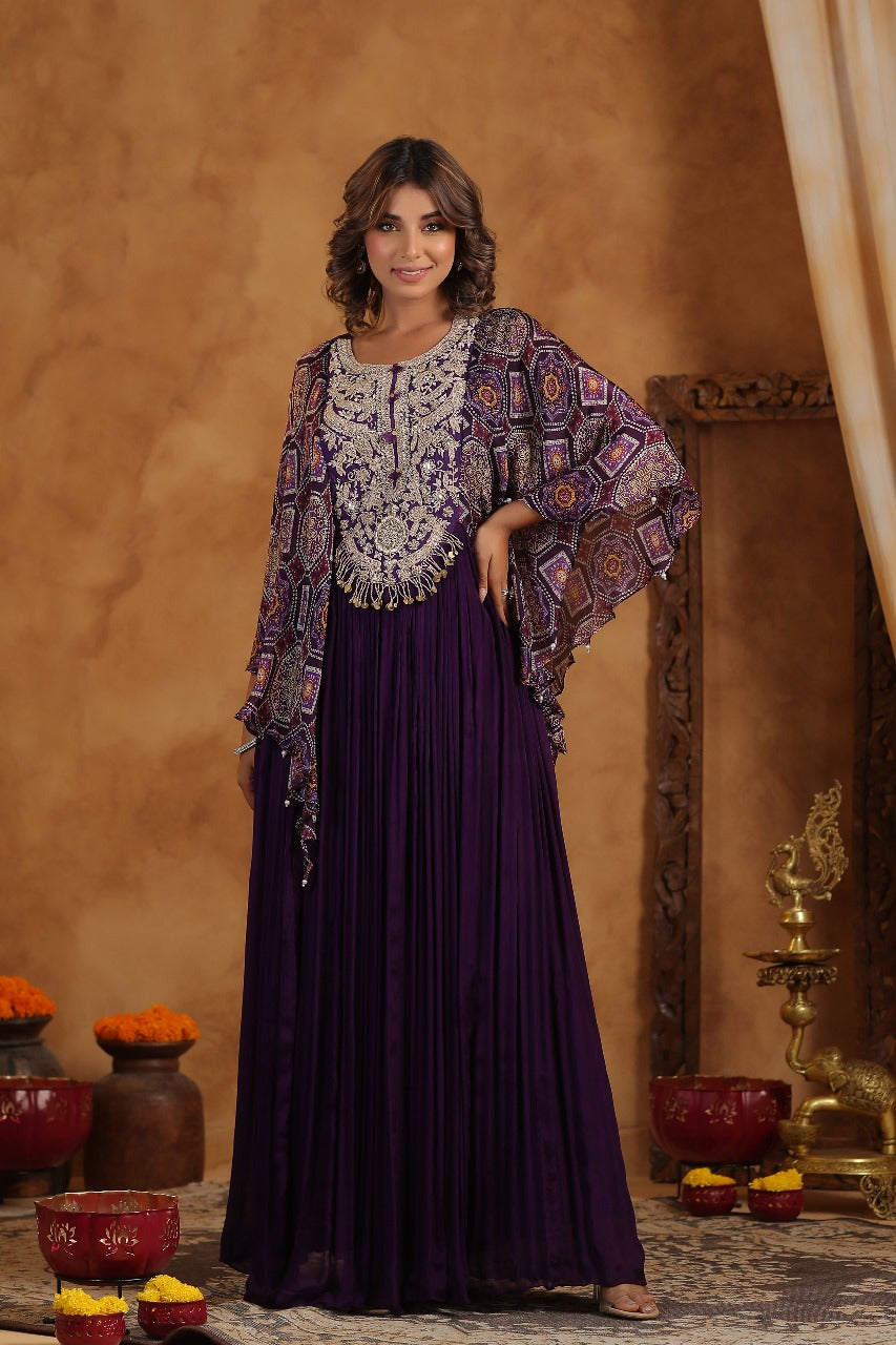 Purple Silk Designer Bandhej Kaftan Style Gown