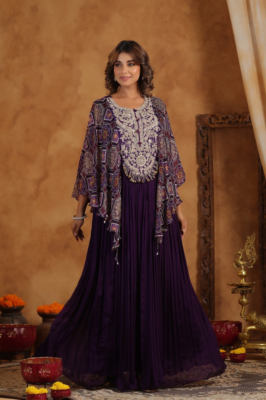 Purple Silk Designer Bandhej Kaftan Style Gown