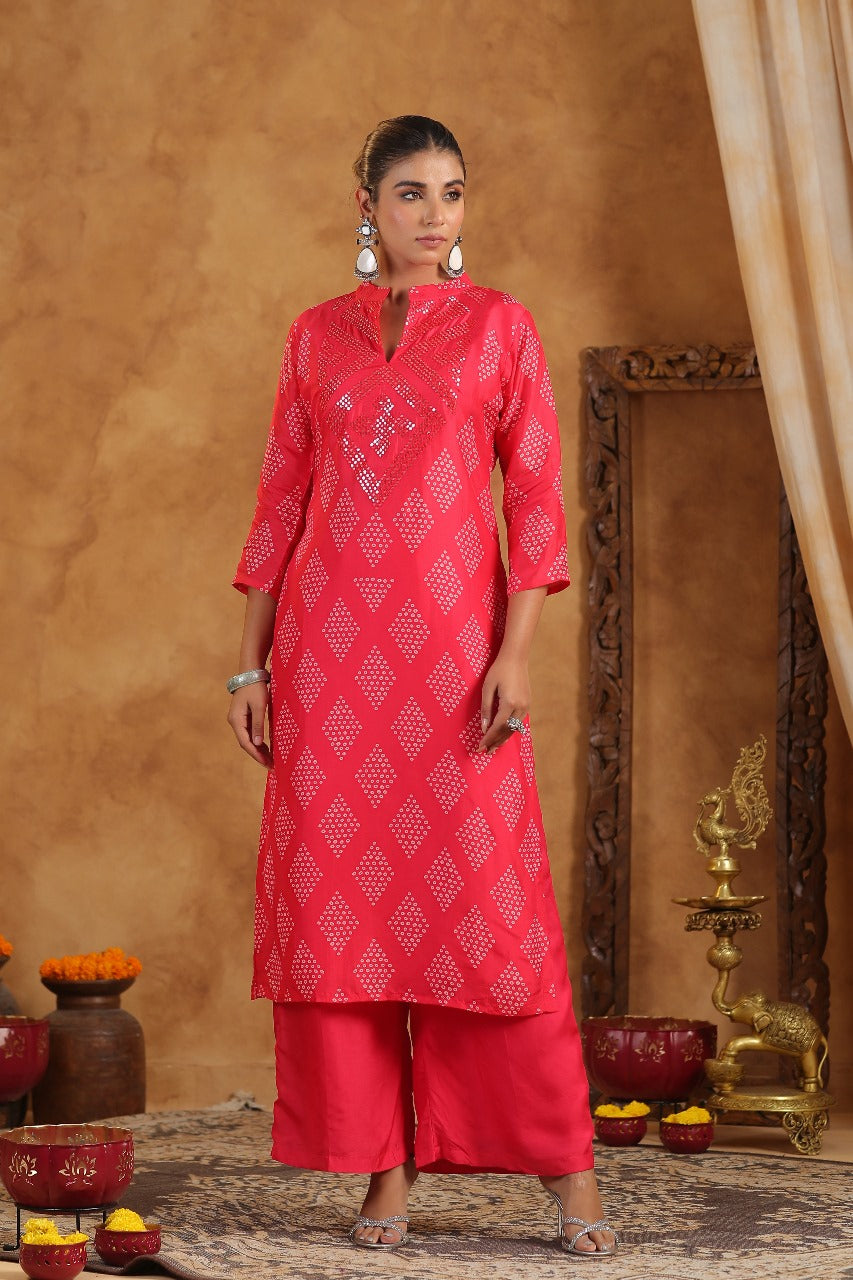 Red Crepe Silk Bandhej Designer Suit