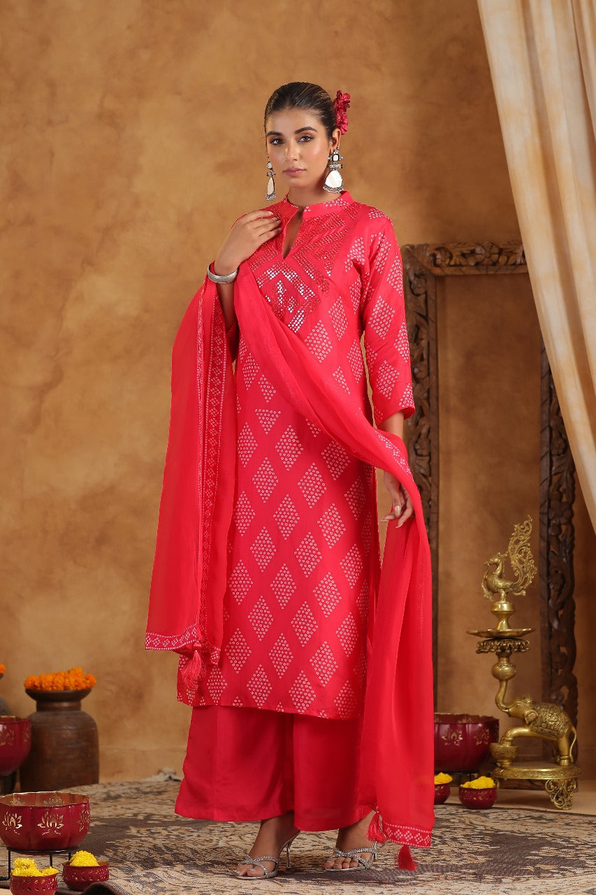 Red Crepe Silk Bandhej Designer Suit