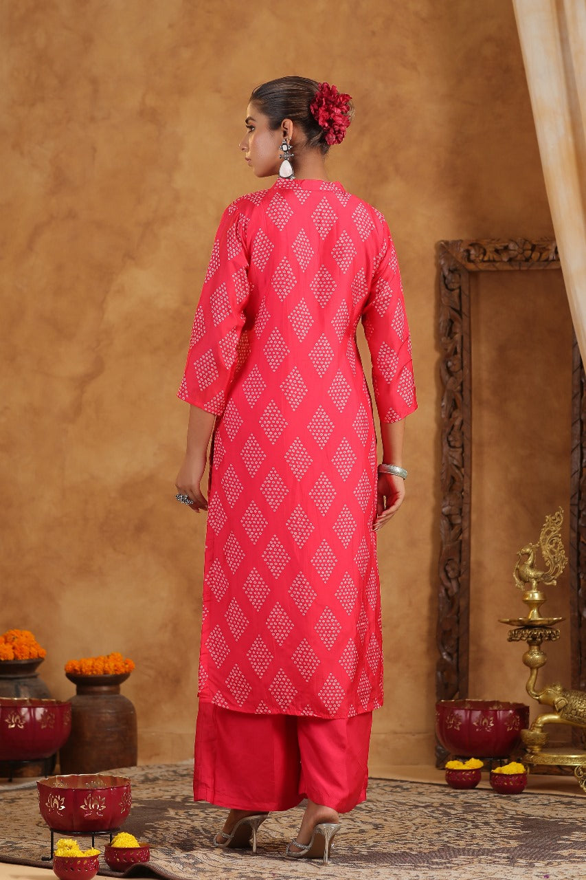 Red Crepe Silk Bandhej Designer Suit