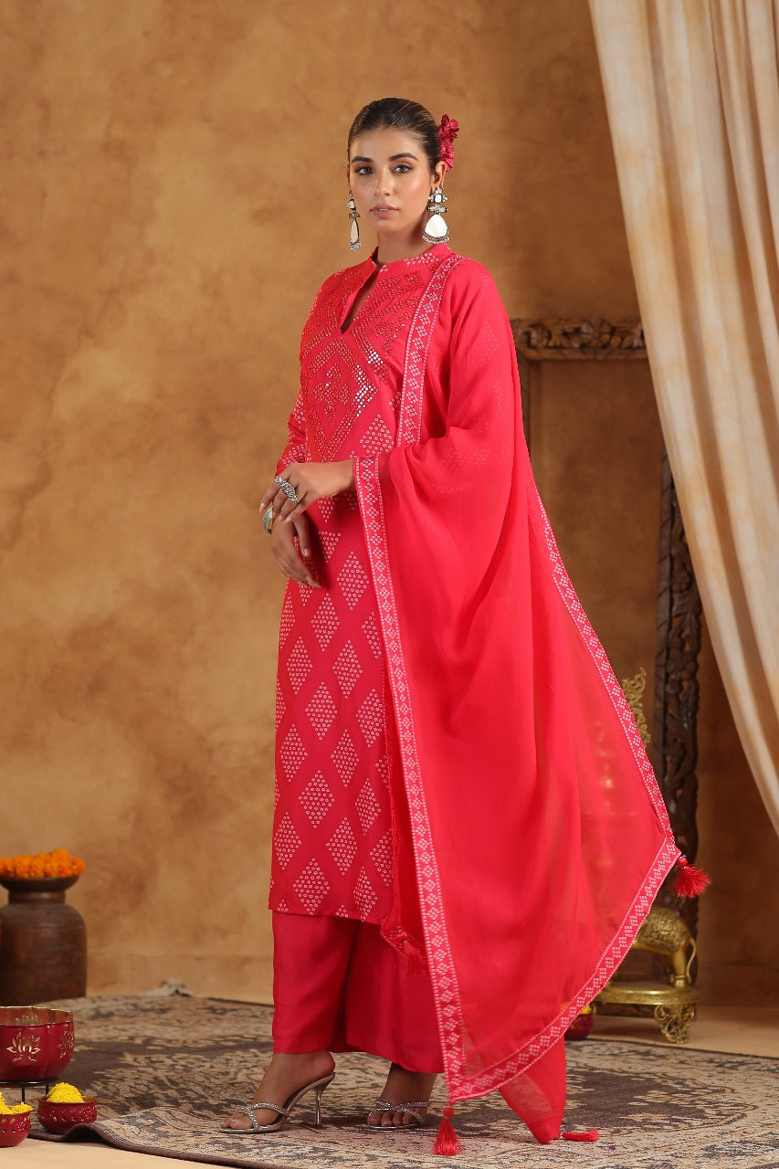 Red Crepe Silk Bandhej Designer Suit