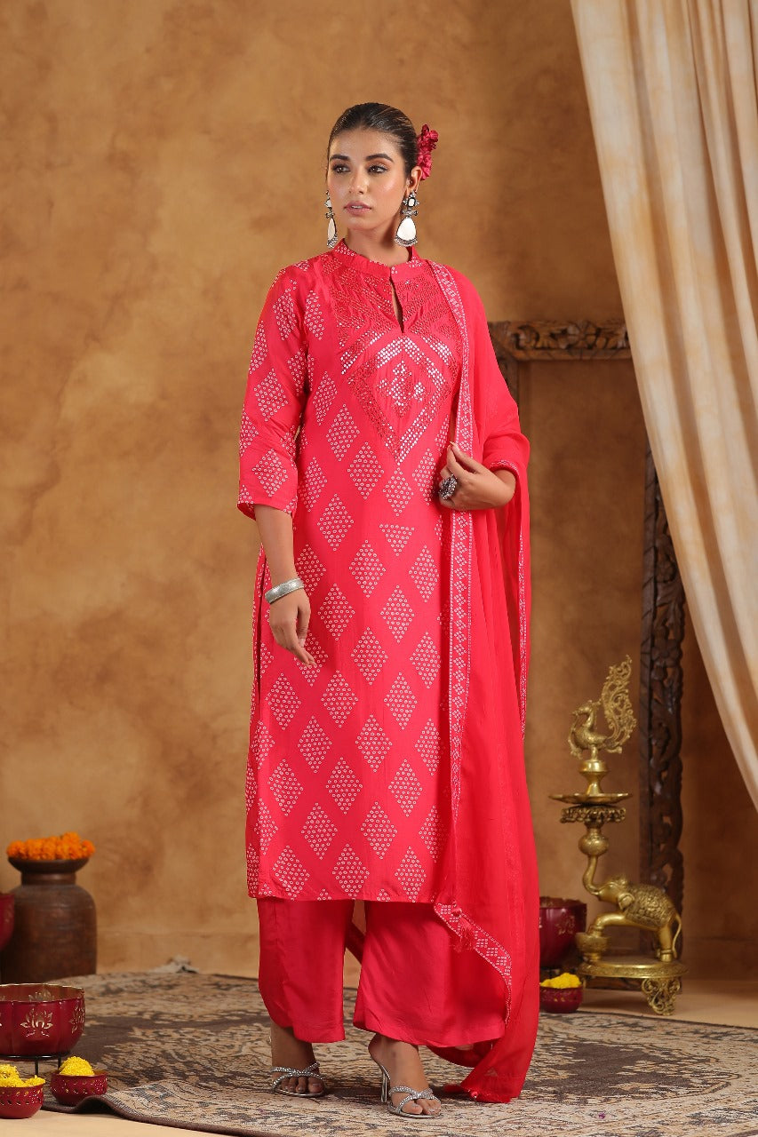 Red Crepe Silk Bandhej Designer Suit