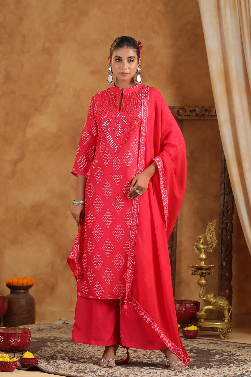 Red Crepe Silk Bandhej Designer Suit