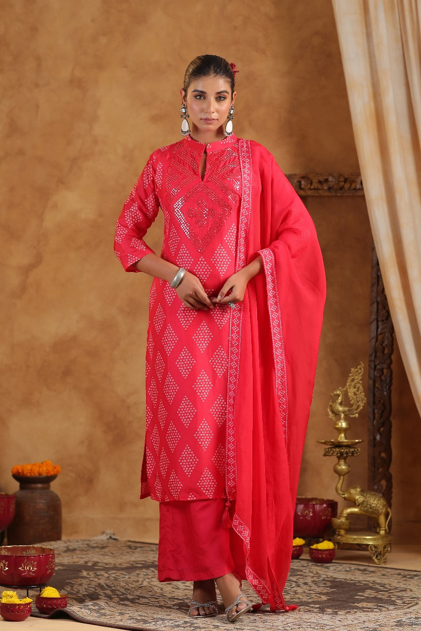 Red Crepe Silk Bandhej Designer Suit