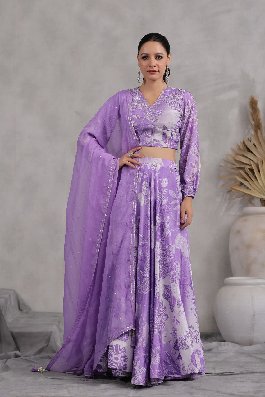 Light Purple Printed Chiffon Readymade Lehenga